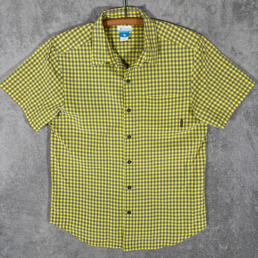 Columbia Mens Short Sleeve Gingham Button Down Shirt Yellow Gray AM1468 Size M